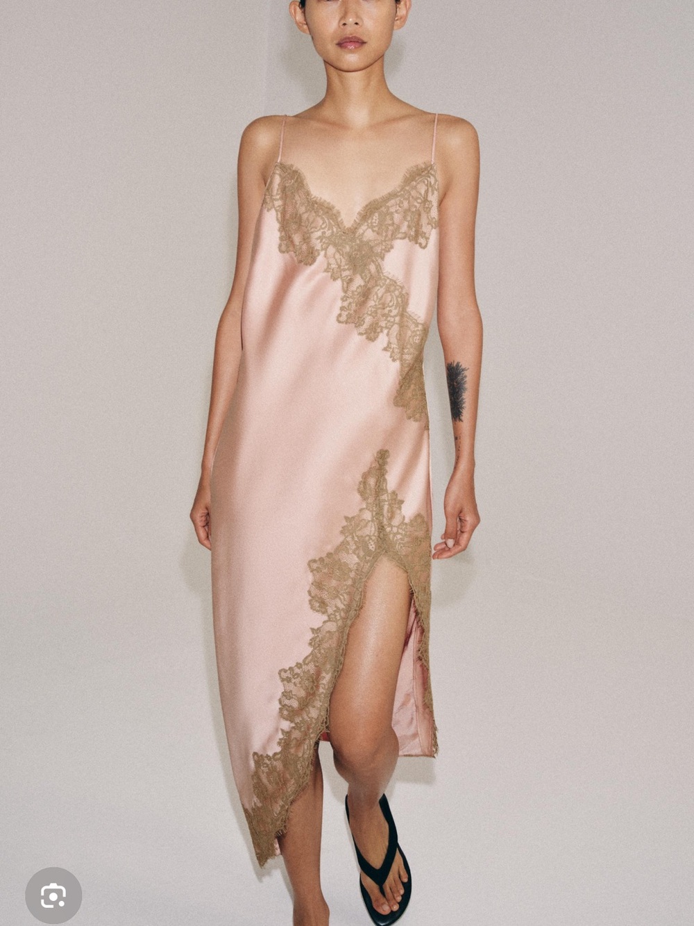 Zara Blush Pink Satin Midi Slip Dress with Lace Trim